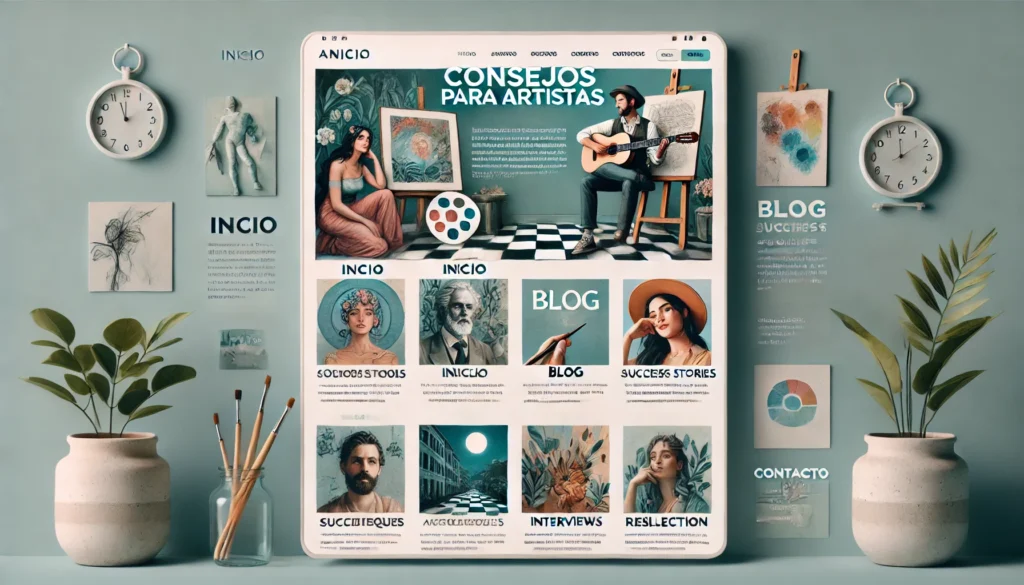 DALL·E 2024-08-02 16.52.36 – A modern and clean web page design titled ‘Consejos para Artistas’ with three main sections_ ‘Inicio’, ‘Blog’, and ‘Contacto’. The ‘Inicio’ section fe