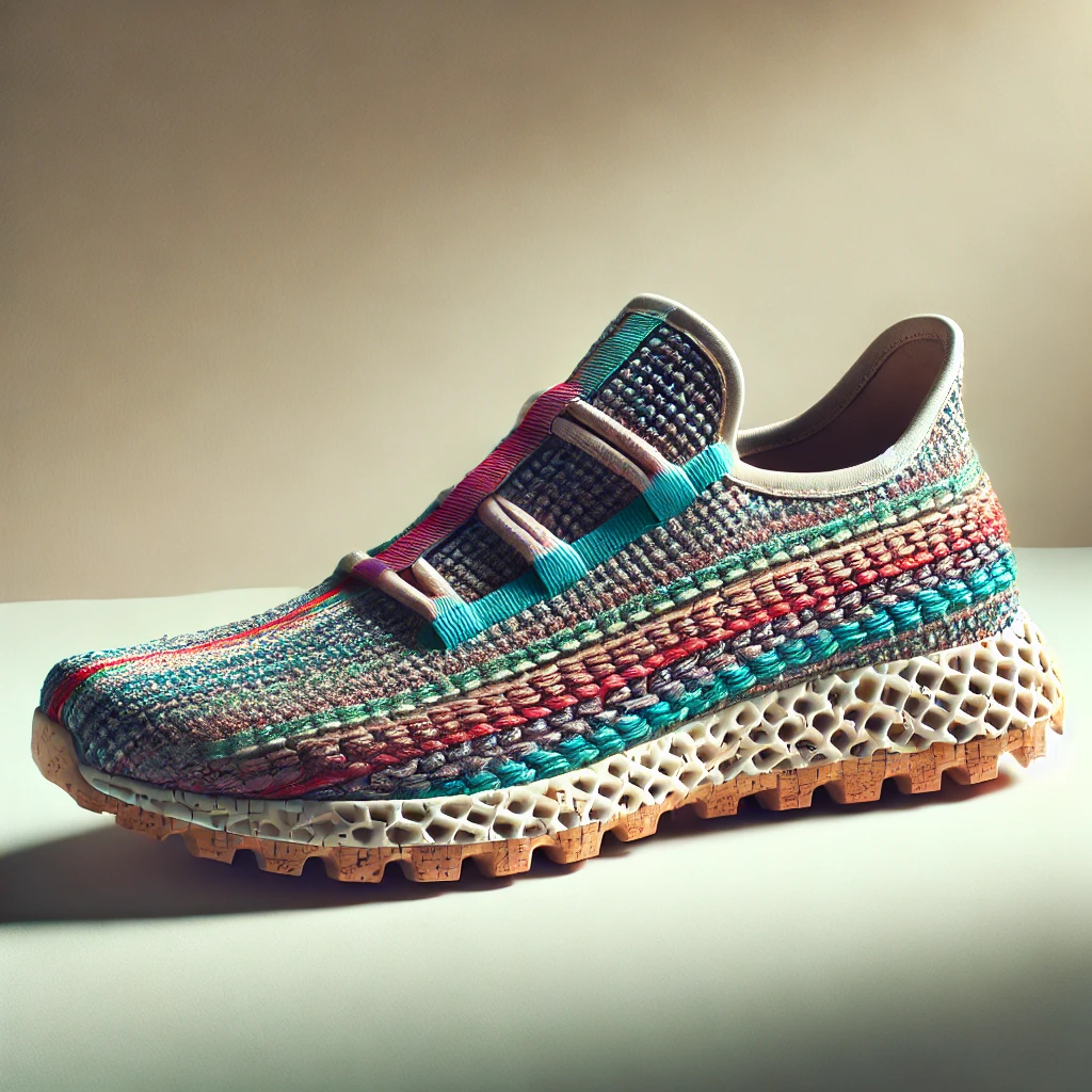 DALL·E 2024-12-19 11.48.46 – A modern, stylish sneaker made entirely from recycled materials. The shoe features a woven upper made from colorful, repurposed plastic threads, a sol