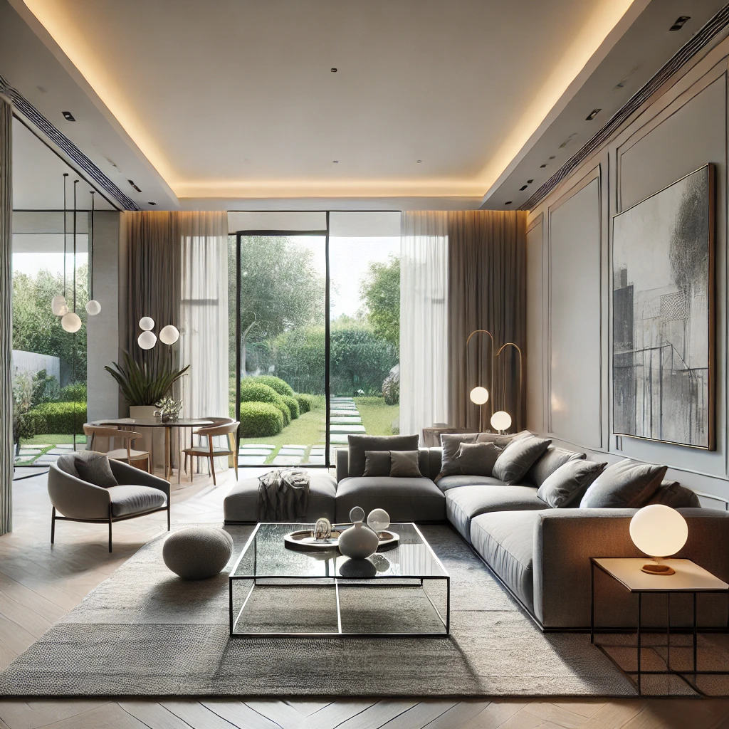 DALL·E-2024-12-20-14.42.42-A-spacious-and-stylish-living-room-with-modern-furniture.-The-room-features-a-large-L-shaped-gray-sofa-a-sleek-glass-coffee-table-with-a-minimalist-d